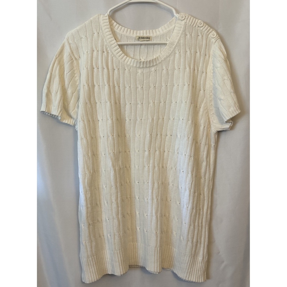 St Johns Bay Women's Sweater White Cable Knit short Sleeve Crew Neck Size L